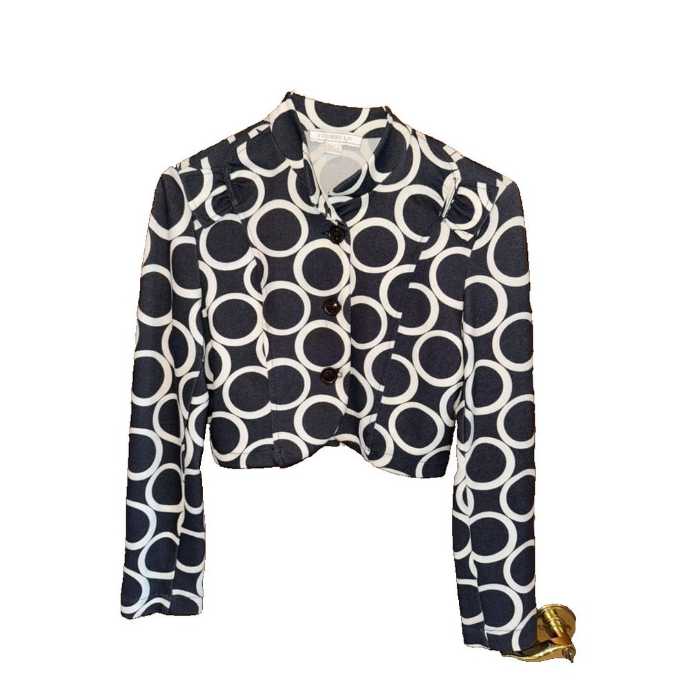 Sao Paulo Womens Jacket Size 6 blue white circle Cropped Button Fitted Tailored